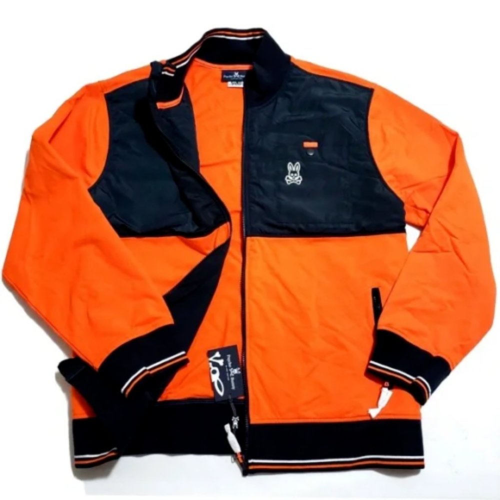 Psycho Bunny Newton Mens XXL Orange Black Terry and Poly Full Zip Jacket